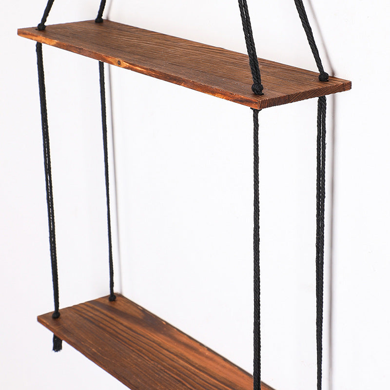 Vägghängd Mörk Trähylla med Bomullsrep