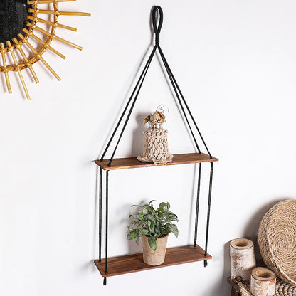 Vägghängd Mörk Trähylla med Bomullsrep